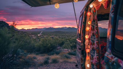 interior view of colorful camper van with decorative lights during sunset