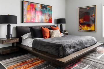Modern bedroom with a low bed frame, dark gray bedding, and bold abstract painting. Luxurious rug and sleek lamps.
