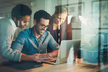 Graphic designer, partnership and office for meeting, discussion and teamwork with laptop. Creative businesspeople, project and collaboration for small business, internet startup and group planning