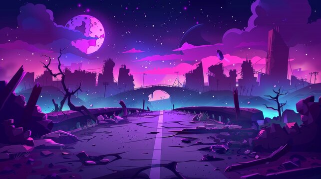 This cartoon illustration shows a destroyed city in a war zone. An abandoned building and bridge with a creepy glow, destroyed by a natural disaster. A post-apocalyptic broken ruined road, isolated