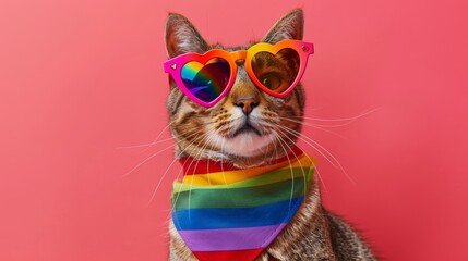 Fototapeta premium A cat with heart-shaped sunglasses and a rainbow bandana, perfect for pride celebrations and LGBTQ+ events. A colorful and festive image that captures the spirit of inclusivity and love