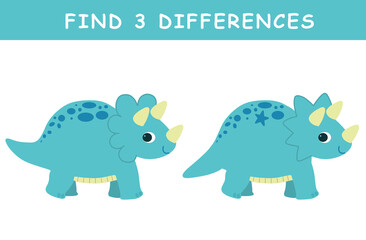 Find 3 differences in illustration. Educational activity with cute dino illustration. Spot difference. Educational fun game for children.