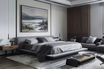 Modern bedroom with a floating bed, gray bedding, landscape painting, comfortable sofa set, and black chair. Textured rug and elegant bedside tables.