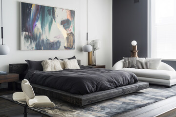 Modern bedroom with a low bed frame, dark gray bedding, bold abstract painting, luxurious sofa set, and white chair. Luxurious rug and sleek lamps.