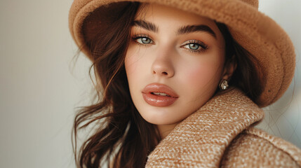 Glamorous brunette model in a beige outfit, accessorized with stylish sunglasses, posing against a white backdrop