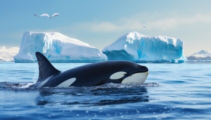 Groups of Orcas or killer whales swim and hunt for prey, the top of the food chain in a sea of ​​ice floes