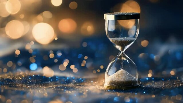 A glass hourglass with sand in it is on a table. The sand is slowly trickling out of the top of the hourglass. Calm and serene mood, as the sand slowly falls