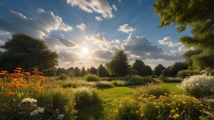Obraz premium A green garden in summer with warm colors and the sun shining in the blue sky and white clouds