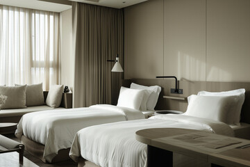 Modern hotel room, two single beds, minimalist decor, sleek sofa set, sleek table, and stylish lamp. Cozy sophistication.