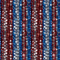 Patriotic tinsel seamless pattern. Seamless usa tinsel texture. American tinsel background. 4th of july tinsel. Patriotic foil glitter tinsel curtain. Independence Day tinsel. Tinsel seamless pattern.