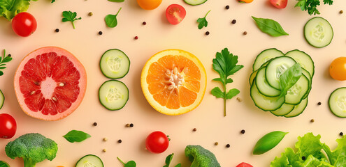 Flat Lay of Fresh Fruits and Vegetables on Peach Background.