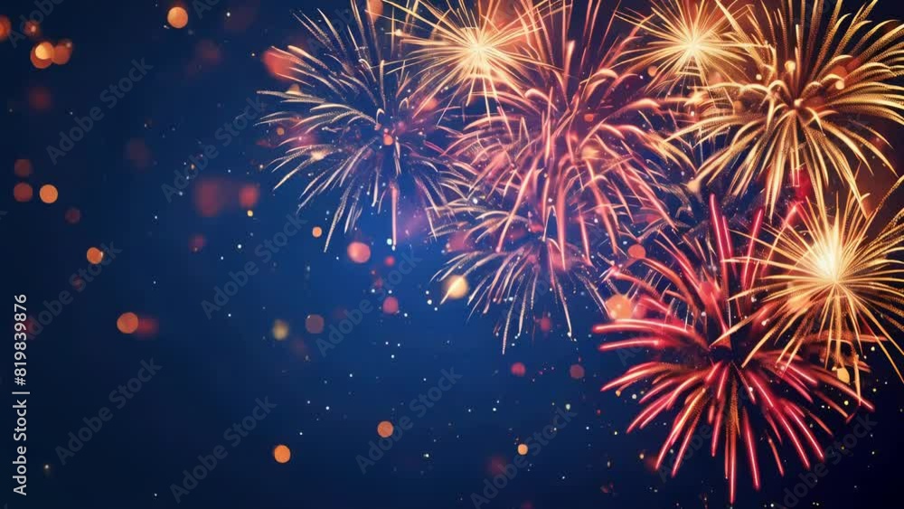 Poster a fireworks display in the sky with a blue background. the fireworks are in different sizes and colo