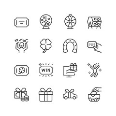 Raffle and Giveaway, linear style icon set. Drawings and games of chance. Equipment, tickets, lucky charms and winning prize. Editable stroke width