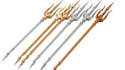 Modern realistic set of mythology weapons of greek god Poseidon, Triton or Neptune. Demon tridental spear isolated on white background.