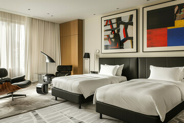 Sophisticated hotel room, two single beds, minimalist decor, striking wall art, cozy sofa set, black chair. Luxurious setting.