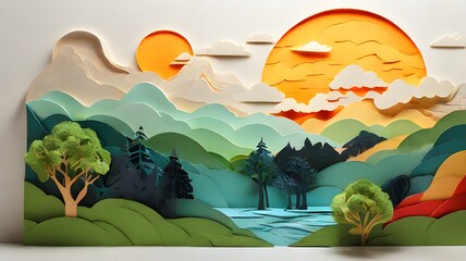 Paper art: a paper landscape with mountains, trees, and the sun