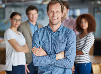 Happy, businessman and portrait with crossed arms for company, collaboration and startup business. Photographer, team and diversity in workplace for project management, leadership and smile in office