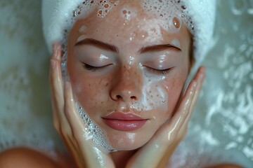 Foaming Cleanser Application A person applying foaming cleanser for a refreshing and effective face wash