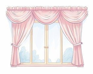 An elegant window with pastel pink curtains, neatly tied back, allowing a serene outdoor view with soft light filtering through.