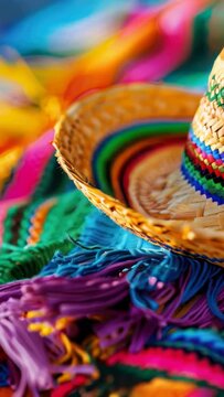 A colorful hat is on top of a colorful blanket. The hat is made of straw and has a colorful design. The scene is lively and cheerful, with the hat