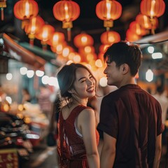 Asian girl turning back with smiling holding boyfriend hand in city street of colorful Chinese...