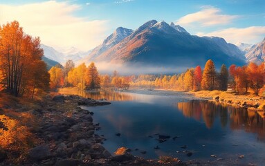 Autumn landscape river and mountains