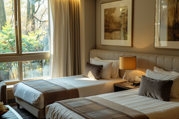 Stylish hotel accommodation, two single beds, modern artwork, cozy sofa set, trendy table, elegant...