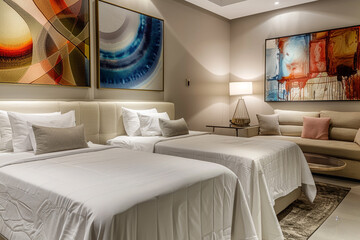 Stylish hotel suite, two single beds, abstract wall art, comfortable seating area with a sofa set, modern table, and contemporary lamp. Modern luxury.