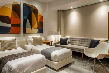 Stylish hotel suite, two single beds, abstract wall art, comfortable seating area with a sofa set, white chair, and contemporary lamp. Modern luxury.
