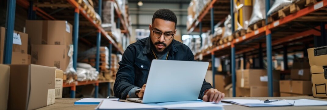 Warehouse manager sitting at a desk, using a laptop to check orders and take notes - Powered by Adobe