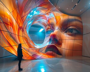 Woman Observing Futuristic Digital Art Display