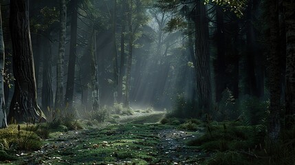 Obraz premium Forest pathway surrounded by tall mysterious trees
