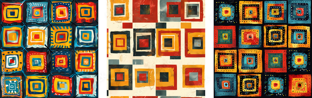 Poster set of colorful geometric boho squares patterns . digital artwork for design and print