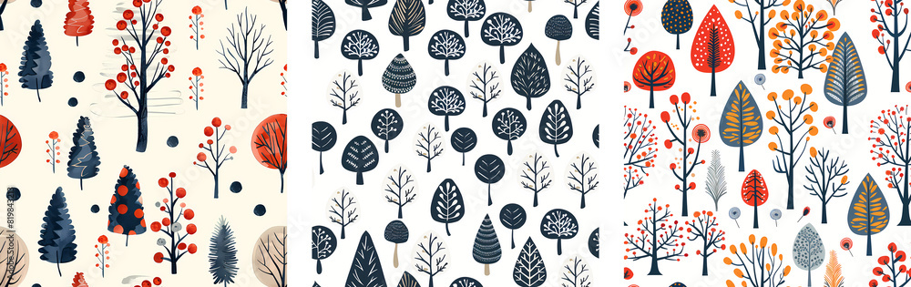 Poster set of seamless patterns with stylized trees and red berries on light background. watercolor illustr