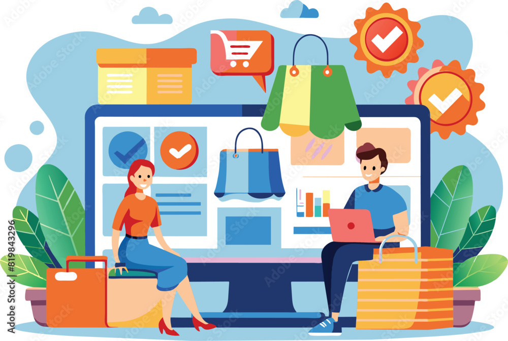 Poster flat illustration of online shopping, vector illustration.