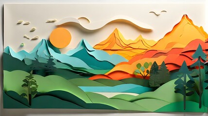 Paper art: a paper landscape with mountains, trees, and the sun