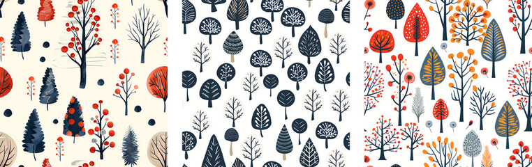 Set of seamless patterns with stylized trees and red berries on light background. Watercolor illustration for textile and wallpaper