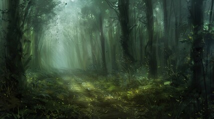 Naklejka premium Illustration of a forest with tall trees and a mysterious path