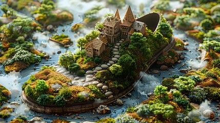 Miniature Enchanted Castle Nestled in Lush Ecological Landscape