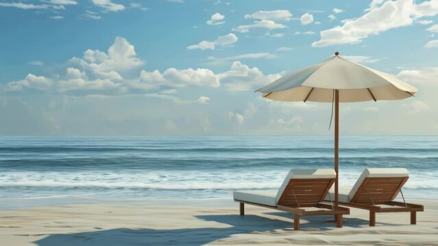 A beach scene with two lounge chairs and an umbrella. Scene is relaxing and peaceful