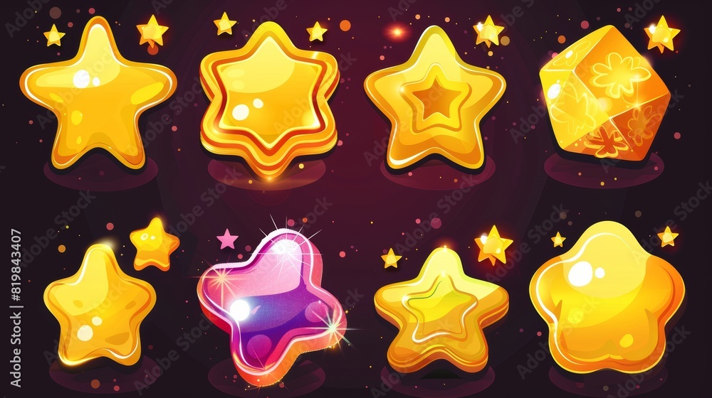 Aufkleber set of stars, game score elements. ui or gui rate yellow golden glossy assets for app user interface