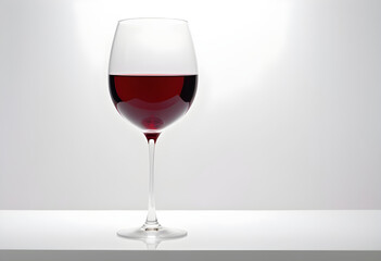 A single, crystal wine glass with a luxurious, deep-red wine inside, set against a pure, white backdrop