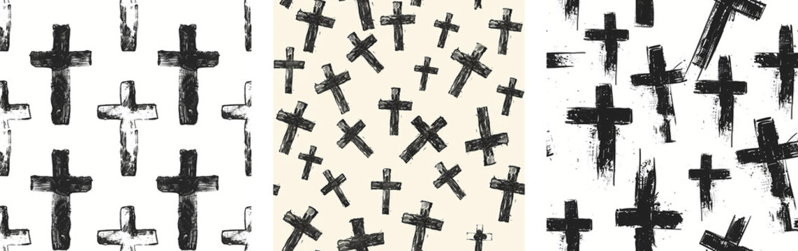 Black and white crosses pattern on white background. Hand-drawn illustration style. Design for textile and wallpaper. Seamless pattern