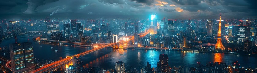 Naklejka premium Night Aerial View of Tokyo Skyline