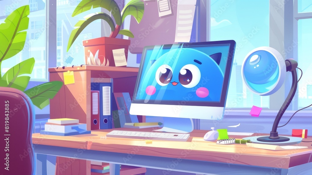 Poster a cute character at a computer desk in a cartoon land page for an office. a cute character looking t