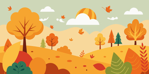 Autumn Landscape with Colorful Trees and Flying Birds, vector background