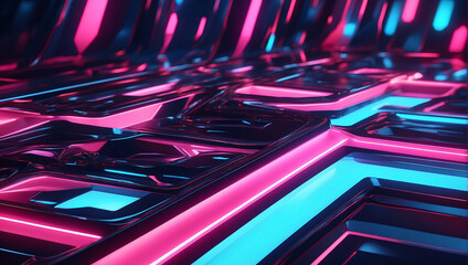 Abstract digital art featuring intersecting neon light beams in shades of purple, pink, and cyan against a dark background. The dynamic composition creates a futuristic, geometric landscape