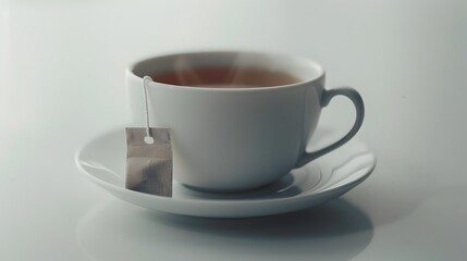 Obraz premium A Serene Moment of Respite with a Steaming Cup of Tea and Its Companion Bag