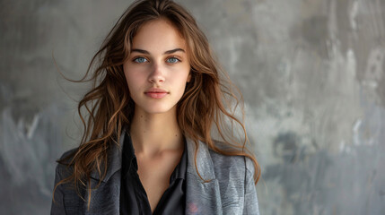 Fototapeta premium Stylish female model showcasing a chic business look, standing with confidence in a studio
