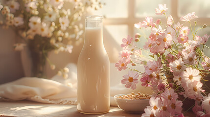 Fresh Soy Milk in unlabeled bottle, a cup of milk, bowl of soybean and a flower vase decorated. Concept stage for product made from natural milk 